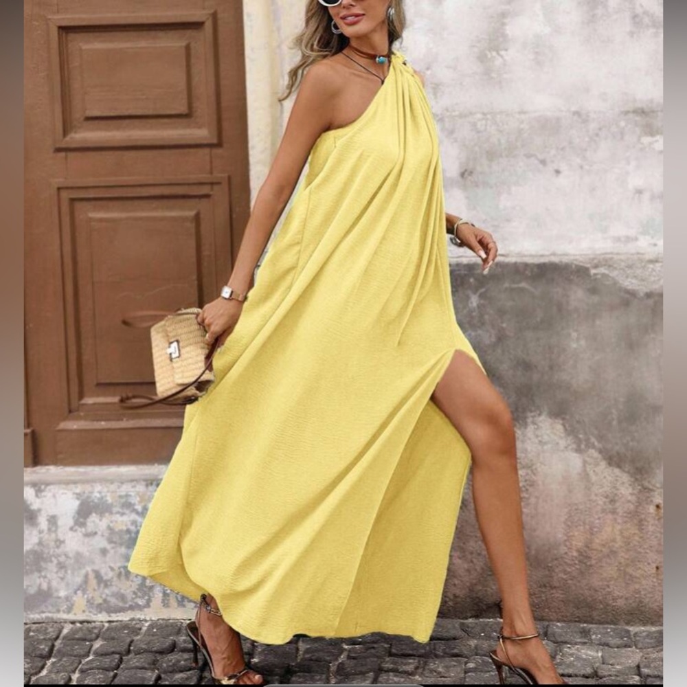 Elegant One-Shoulder Yellow Dress - Picture 2 of 16